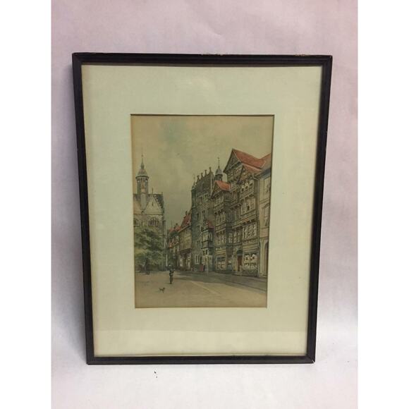 Signed Framed Matted Watercolor Landscape of Street - Picture 1 of 3